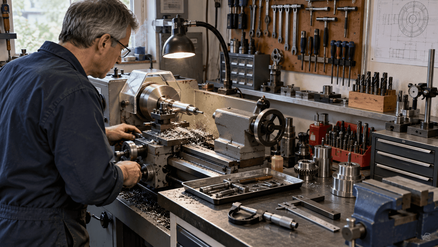 Illustration of a model engineer working at a lathe, surrounded by tools and mechanical parts